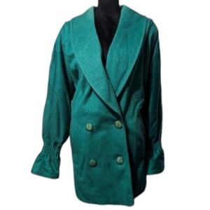 Vintage 80s Portrait Teal Puff Sleeve Shawl Collar Wool Coat W/ Pockets